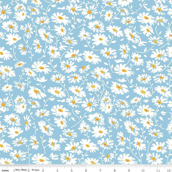 Image of the Always in Season Daisy Sky quilting cotton fabric by American Jane for Riley Blake Designs. Features scattered daisies on a light blue background. 
Cute Little Fabric Shop