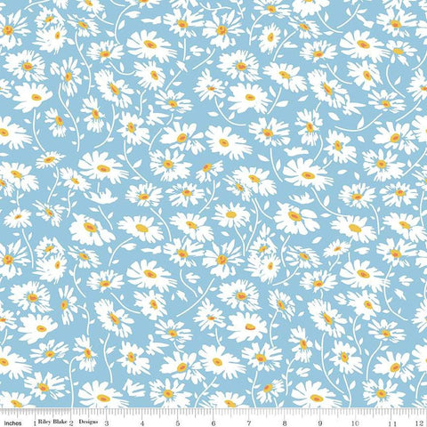 Image of the Always in Season Daisy Sky quilting cotton fabric by American Jane for Riley Blake Designs. Features scattered daisies on a light blue background. 
Cute Little Fabric Shop