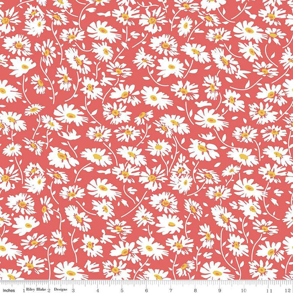 Image of the Always in Season Daisy Red quilting cotton fabric by American Jane for Riley Blake Designs. Features scattered daisies on a light red background. 
Cute Little Fabric Shop