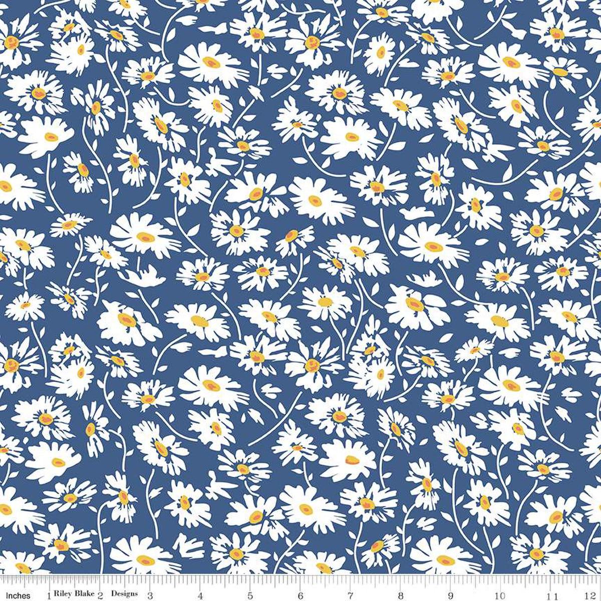 Image of the Always in Season Daisy Navy quilting cotton fabric by American Jane for Riley Blake Designs. Features scattered daisies on a dark blue background. 
Cute Little Fabric Shop