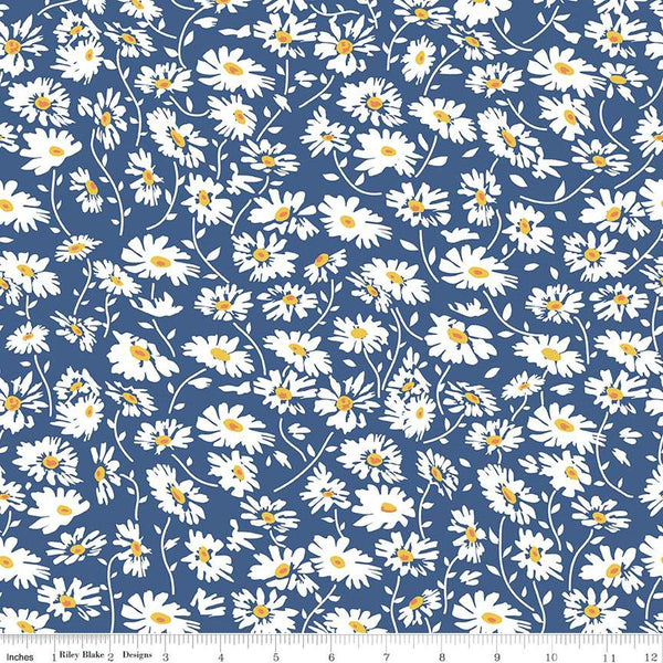 Image of the Always in Season Daisy Navy quilting cotton fabric by American Jane for Riley Blake Designs. Features scattered daisies on a dark blue background. 
Cute Little Fabric Shop