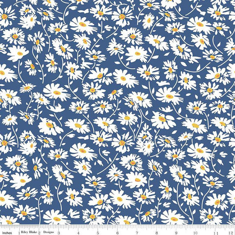 Image of the Always in Season Daisy Navy quilting cotton fabric by American Jane for Riley Blake Designs. Features scattered daisies on a dark blue background. 
Cute Little Fabric Shop