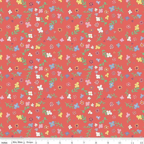 Image of the Always in Season Small Floral Red quilting cotton fabric by American Jane for Riley Blake Designs. Features scattered blossoms on a red background. 
Cute Little Fabric Shop