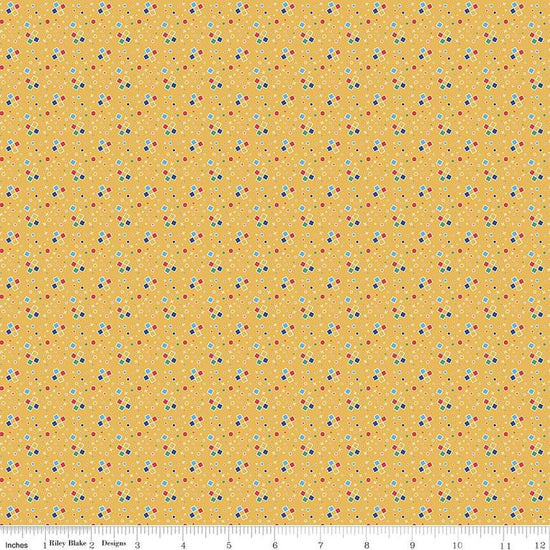 Image of the Always in Season Fun & Games Yellow quilting cotton fabric by American Jane for Riley Blake Designs. Features scattered x's and o's on a yellow background. 
Cute Little Fabric Shop