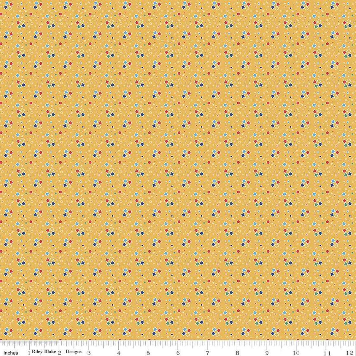 Image of the Always in Season Fun & Games Yellow quilting cotton fabric by American Jane for Riley Blake Designs. Features scattered x's and o's on a yellow background. 
Cute Little Fabric Shop