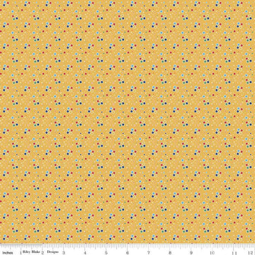 Image of the Always in Season Fun & Games Yellow quilting cotton fabric by American Jane for Riley Blake Designs. Features scattered x's and o's on a yellow background. 
Cute Little Fabric Shop