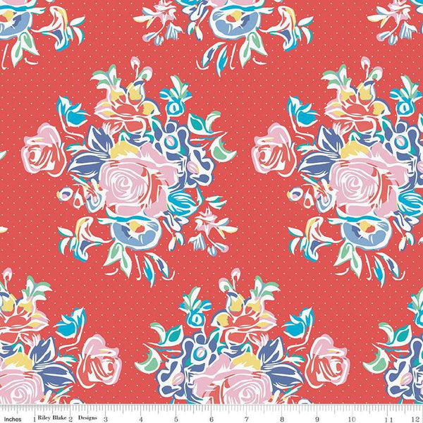 Image of the Always in Season Large Floral Main Red quilting cotton fabric by American Jane for Riley Blake Designs. Features large clusters of flowers on a red pin dot background. 
Cute Little Fabric Shop