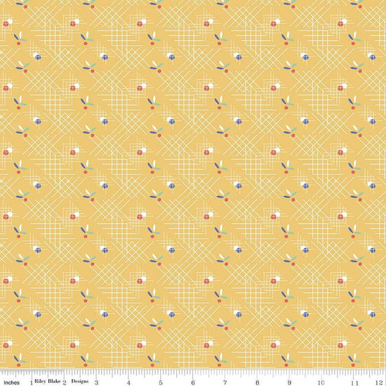 Image of the Always in Season Criss Cross Yellow quilting cotton fabric by American Jane for Riley Blake Designs. Features occasional dots and leaves on a background with white criss-cross lines on a yellow background. 
Cute Little Fabric Shop