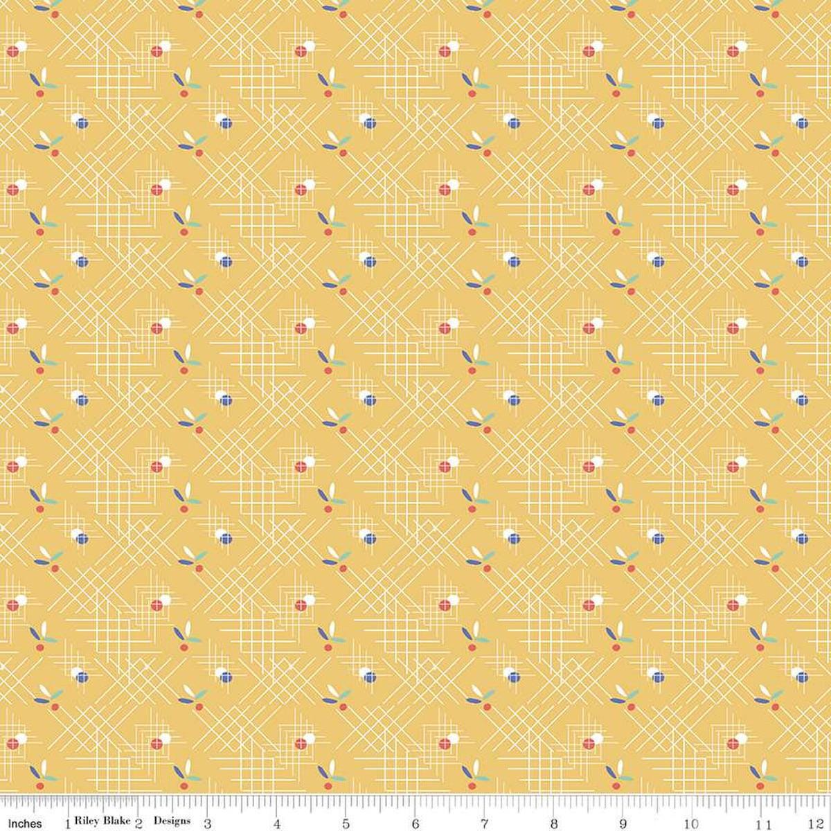 Image of the Always in Season Criss Cross Yellow quilting cotton fabric by American Jane for Riley Blake Designs. Features occasional dots and leaves on a background with white criss-cross lines on a yellow background. 
Cute Little Fabric Shop