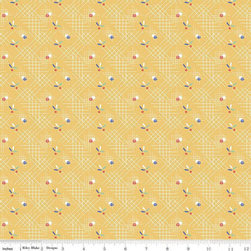 Image of the Always in Season Criss Cross Yellow quilting cotton fabric by American Jane for Riley Blake Designs. Features occasional dots and leaves on a background with white criss-cross lines on a yellow background. 
Cute Little Fabric Shop