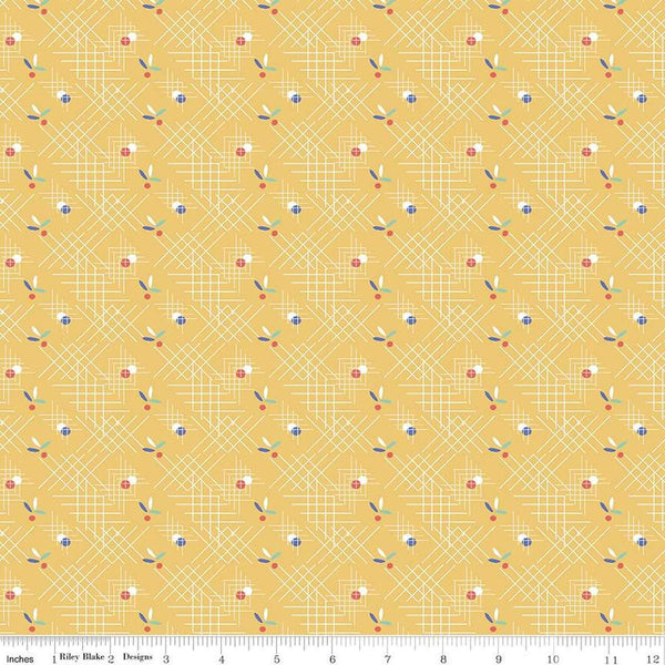 Image of the Always in Season Criss Cross Yellow quilting cotton fabric by American Jane for Riley Blake Designs. Features occasional dots and leaves on a background with white criss-cross lines on a yellow background. 
Cute Little Fabric Shop