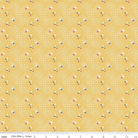 Image of the Always in Season Criss Cross Yellow quilting cotton fabric by American Jane for Riley Blake Designs. Features occasional dots and leaves on a background with white criss-cross lines on a yellow background. 
Cute Little Fabric Shop