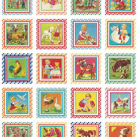 Image of the Always in Season Happy Times quilting cotton panel by American Jane for Riley Blake Designs. Features a patchwork of animals and children in a vintage style. 
Cute Little Fabric Shop
