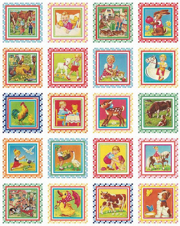 Image of the Always in Season Happy Times quilting cotton panel by American Jane for Riley Blake Designs. Features a patchwork of animals and children in a vintage style. 
Cute Little Fabric Shop