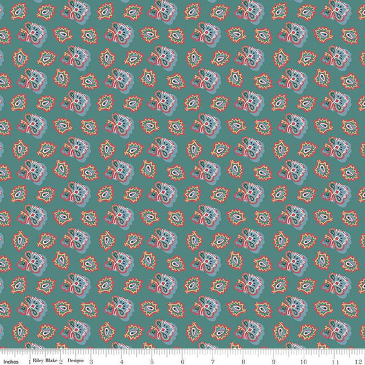 Image of the Mansfield Park Susan quilting cotton fabric by Riley Blake Designs. Features  abstract shapes on a teal background. 
Cute Little Fabric Shop
