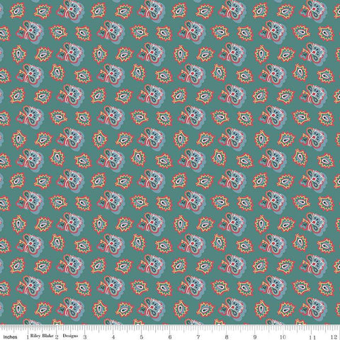 Image of the Mansfield Park Susan quilting cotton fabric by Riley Blake Designs. Features  abstract shapes on a teal background. 
Cute Little Fabric Shop