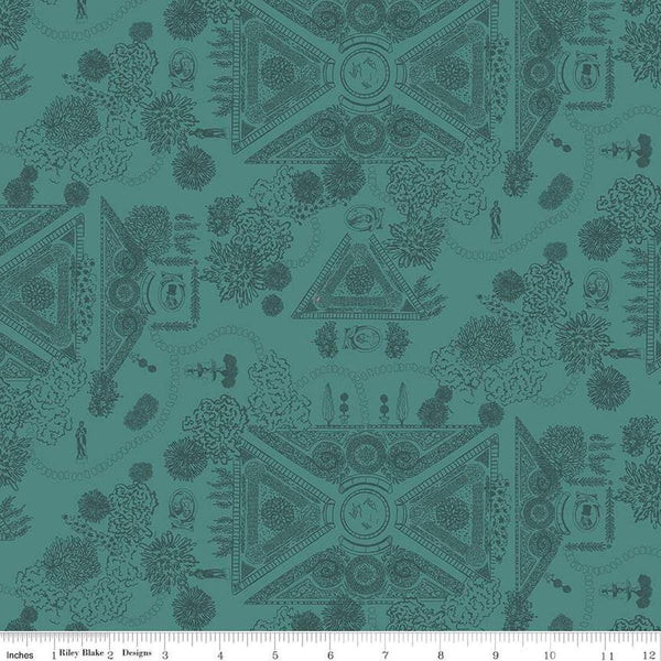 Image of the Mansfield Park Landscape Green quilting cotton fabric by Riley Blake Designs. Features the Mansfield park map on a dark teal background. 
Cute Little Fabric Shop