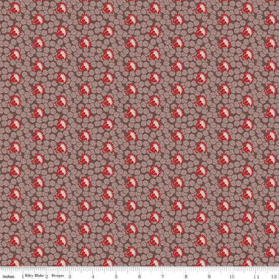 Image of the Mansfield Park Sir Thomas quilting cotton fabric by Riley Blake Designs. Features abstract shapes on a pattered brown background. 
Cute Little Fabric Shop