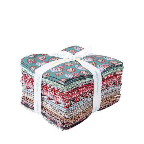 Image of the Mansfield Park fat quarter bundle for Riley Blake Designs. Official Licensed Product. Shows various floral and abstract patterns on blue, pink and more. 
Cute Little Fabric Shop