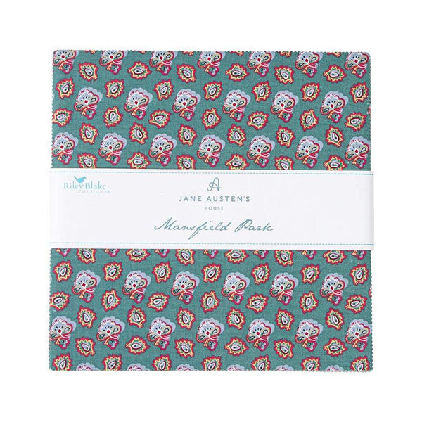 Image of the Mansfield Park 10 inch stacker for Riley Blake Designs. Official Licensed Product. Shows various floral and abstract patterns on blue, pink and more. 
Cute Little Fabric Shop