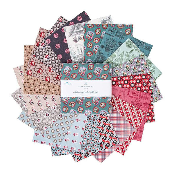 Image of the Mansfield Park 5 inch stacker for Riley Blake Designs. Official Licensed Product. Shows various floral and abstract patterns on blue, pink and more. 
Cute Little Fabric Shop