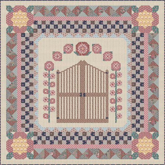 Image of the Mansfield Park Gate Quilt Boxed Kit for Riley Blake Designs. Official Licensed Product. Features a park gate with flowers surrounding it. 
Cute Little Fabric Shop