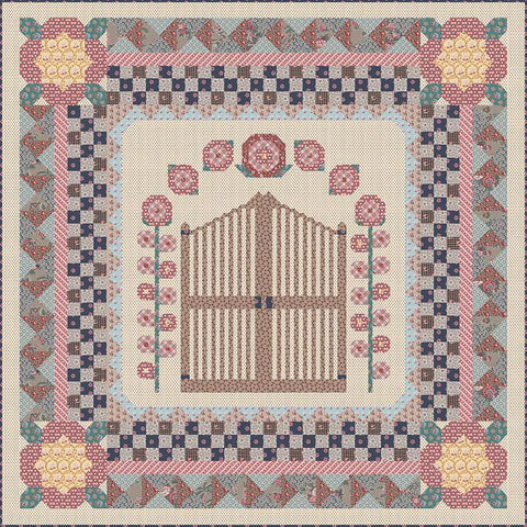 Image of the Mansfield Park Gate Quilt Boxed Kit for Riley Blake Designs. Official Licensed Product. Features a park gate with flowers surrounding it. 
Cute Little Fabric Shop