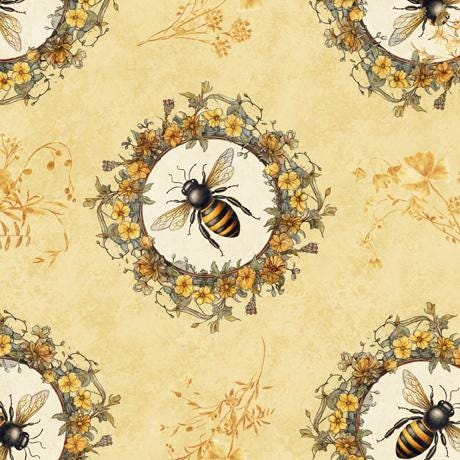 Image of the Queen Bee Bee Circle Vignette Chamois quilting cotton fabric by QT Fabrics. Features bees with circles of flowers on a light yellow background. 
Cute Little Fabric Shop