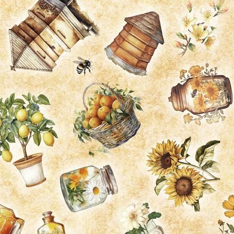 Image of the Queen Bee Bee Hive & Plant Toss quilting cotton fabric by QT Fabrics. Features hives, flowers, and fruit on a light cream tan background. 
Cute Little Fabric Shop