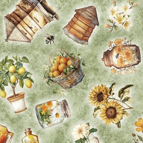 Image of the Queen Bee Bee Hive & Plant Toss Sage quilting cotton fabric by QT Fabrics. Features hives, flowers, and fruit on a light green background. 
Cute Little Fabric Shop