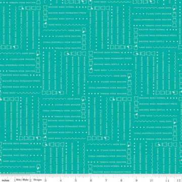 Image of the Vintage Happy 2 Laundry Vivid quilting cotton fabric by Lori Holt for Riley Blake Designs. Features laundry terms and icons on a bright aqua blue background.  
Cute Little Fabric Shop