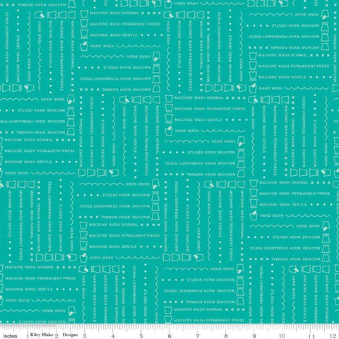 Image of the Vintage Happy 2 Laundry Vivid quilting cotton fabric by Lori Holt for Riley Blake Designs. Features laundry terms and icons on a bright aqua blue background.  
Cute Little Fabric Shop