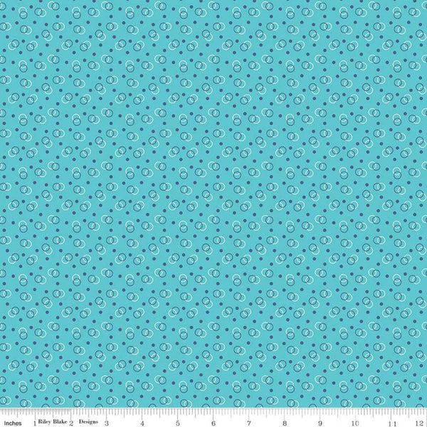 Image of the Vintage Happy 2 Ring Toss Peacock quilting cotton fabric by Lori Holt for Riley Blake Designs. Features overlapping circles and dots on a bright aqua blue background.  
Cute Little Fabric Shop