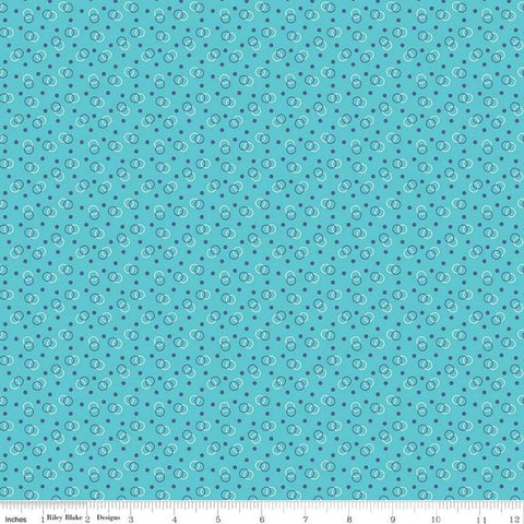 Image of the Vintage Happy 2 Ring Toss Peacock quilting cotton fabric by Lori Holt for Riley Blake Designs. Features overlapping circles and dots on a bright aqua blue background.  
Cute Little Fabric Shop