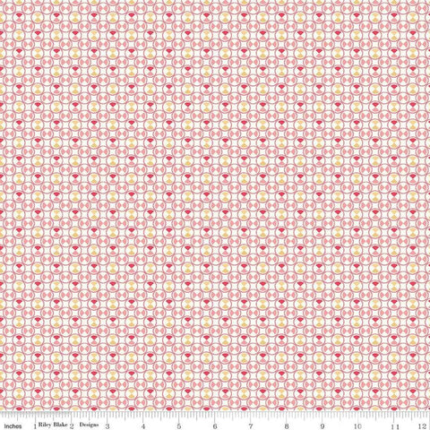 Image of the Vintage Happy 2 Boxers Pink quilting cotton fabric by Lori Holt for Riley Blake Designs. Features an hour-glass shape inside a circle on a light pink background.  
Cute Little Fabric Shop