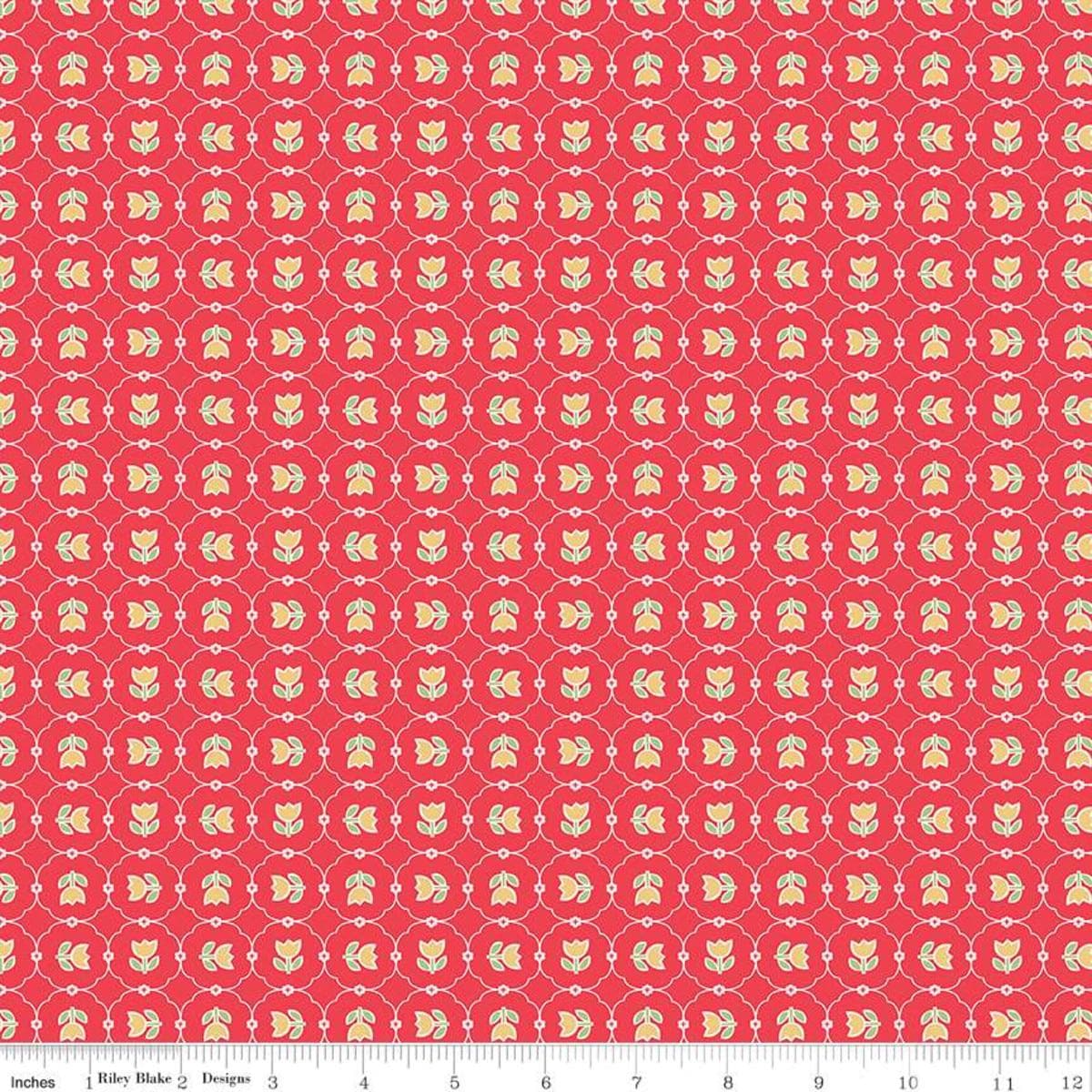 Image of the Vintage Happy 2 Tulips Cayenne quilting cotton fabric by Lori Holt for Riley Blake Designs. Features a geometric pattern with circles encasing tulips on a pink background. 
Cute Little Fabric Shop
