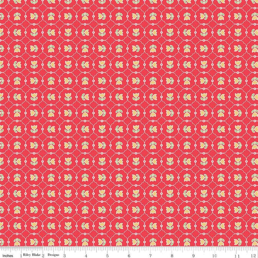 Image of the Vintage Happy 2 Tulips Cayenne quilting cotton fabric by Lori Holt for Riley Blake Designs. Features a geometric pattern with circles encasing tulips on a pink background. 
Cute Little Fabric Shop
