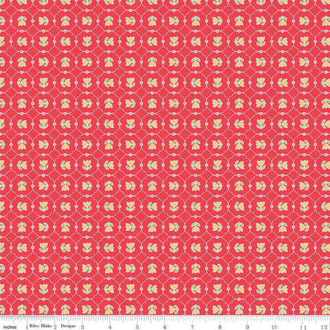 Image of the Vintage Happy 2 Tulips Cayenne quilting cotton fabric by Lori Holt for Riley Blake Designs. Features a geometric pattern with circles encasing tulips on a pink background. 
Cute Little Fabric Shop