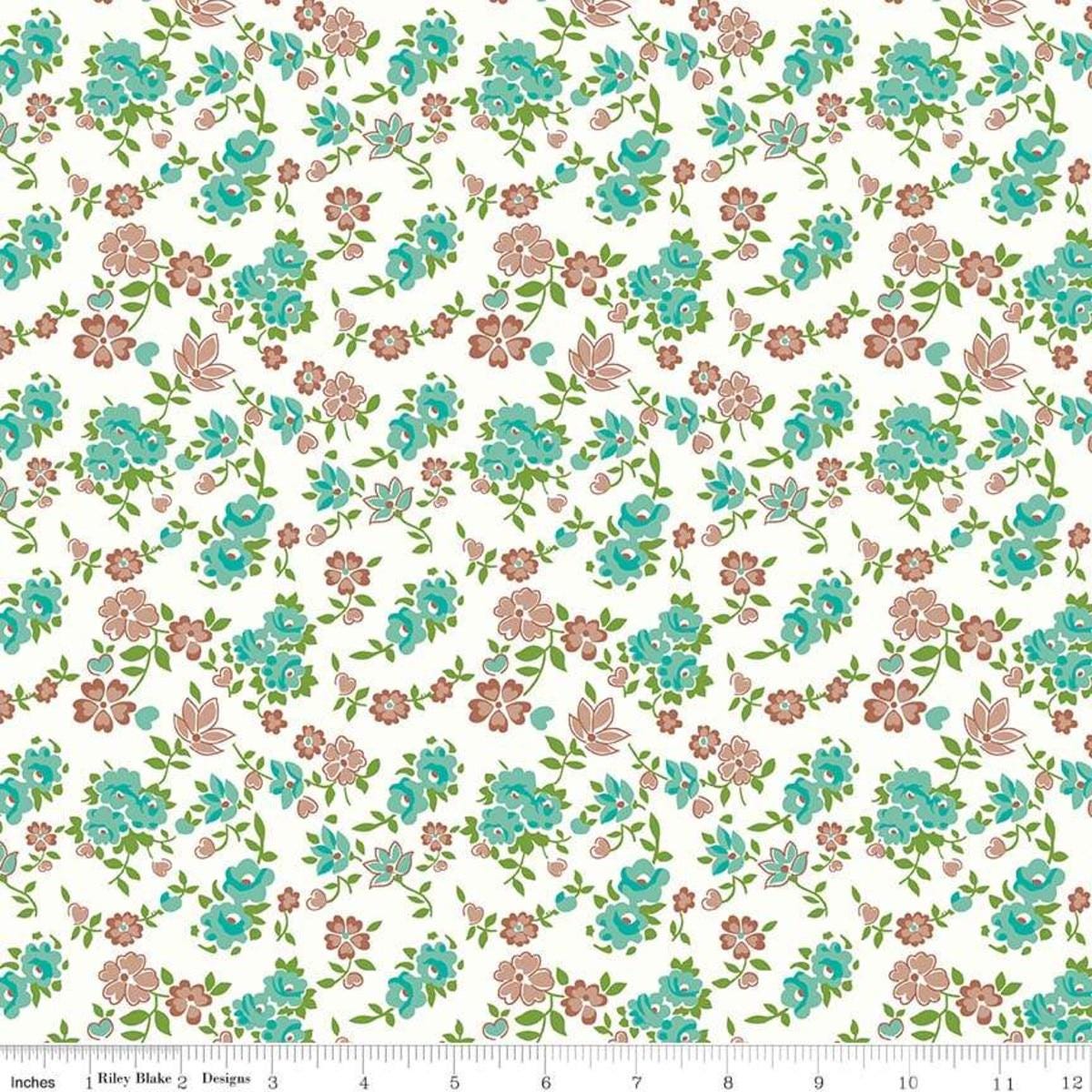 Image of the Granny Chic Sheets Teal quilting cotton fabric by Lori Holt by Riley Blake Designs. Features teal flowers on an white background.
Cute Little Fabric Shop
