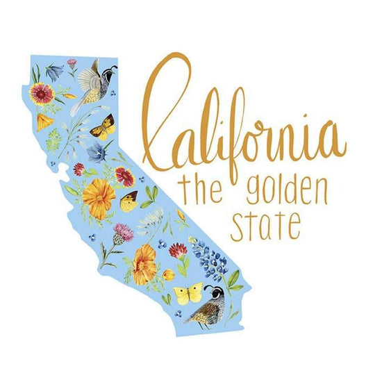 Image of the Golden Poppies California Panel White quilting cotton fabric by Shealeen Louise for Riley Blake Designs. Features the state of California on a white background.