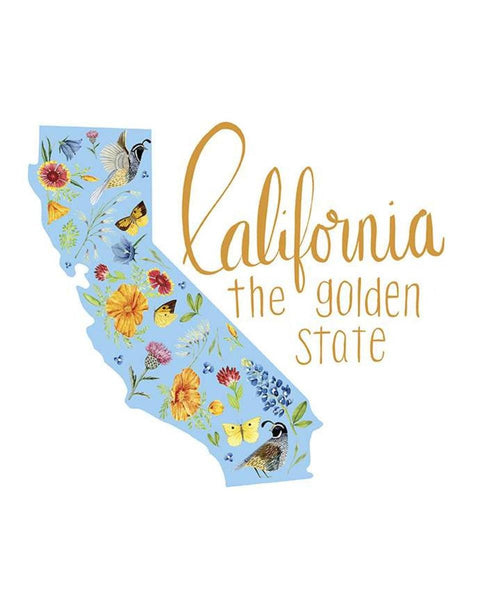 Image of the Golden Poppies California Panel White quilting cotton fabric by Shealeen Louise for Riley Blake Designs. Features the state of California on a white background.