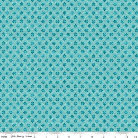 Image of the Granny Chic Needlepoint Blue quilting cotton fabric by Lori Holt for Riley Blake Designs. Features a small scale needlepoint flower pattern on a blue background. 
Cute Little Fabric Shop