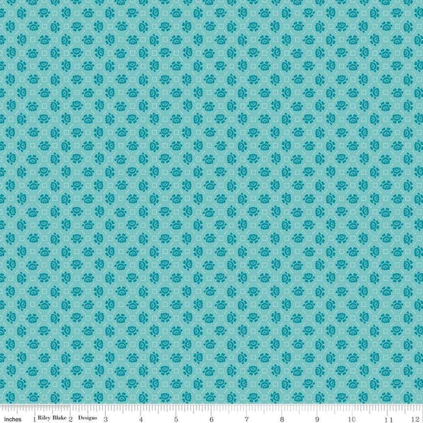 Image of the Granny Chic Needlepoint Blue quilting cotton fabric by Lori Holt for Riley Blake Designs. Features a small scale needlepoint flower pattern on a blue background. 
Cute Little Fabric Shop