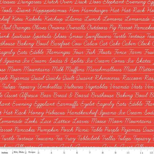 Image of the Hungry Animal Alphabet Penmanship Red quilting cotton fabric by J. Wecker Frisch for Riley Blake Designs. Features cursive words on a red background. 
Cute Little Fabric Shop