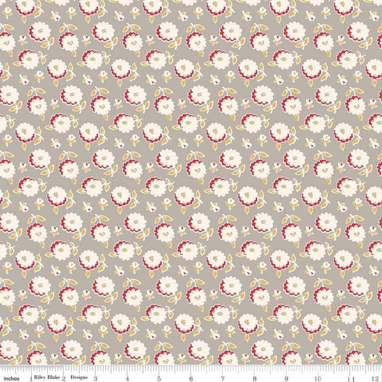 Image of the Cook Book Mums Pewter quilting cotton fabric by Lori Holt for Riley Blake Designs. Features scattered flowers on a tan background. 
Cute Little Fabric Shop
