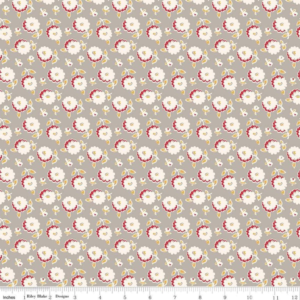 Image of the Cook Book Mums Pewter quilting cotton fabric by Lori Holt for Riley Blake Designs. Features scattered flowers on a tan background. 
Cute Little Fabric Shop