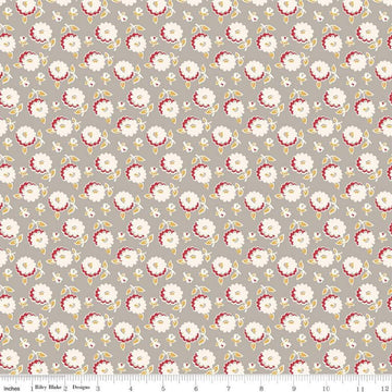 Image of the Cook Book Mums Pewter quilting cotton fabric by Lori Holt for Riley Blake Designs. Features scattered flowers on a tan background. 
Cute Little Fabric Shop