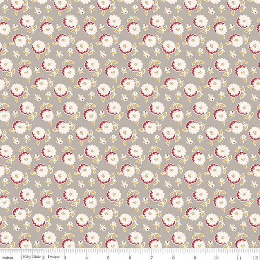 Image of the Cook Book Mums Pewter quilting cotton fabric by Lori Holt for Riley Blake Designs. Features scattered flowers on a tan background. 
Cute Little Fabric Shop