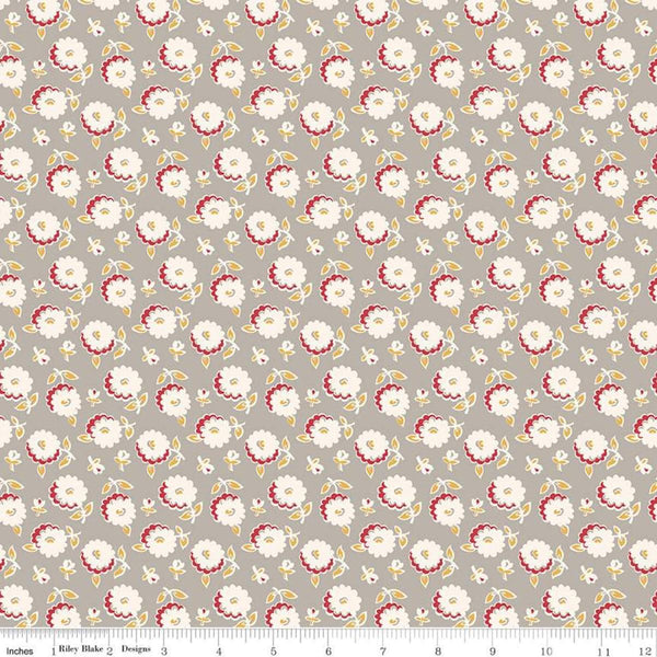 Image of the Cook Book Mums Pewter quilting cotton fabric by Lori Holt for Riley Blake Designs. Features scattered flowers on a tan background. 
Cute Little Fabric Shop