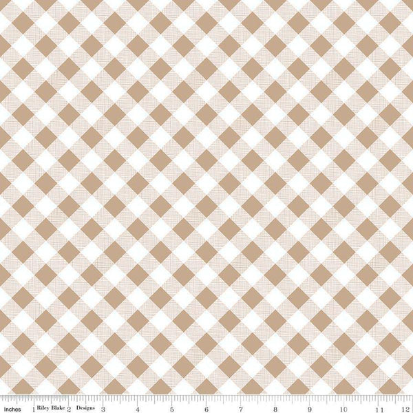 Image of the Sew Cherry 2 Gingham Nutmeg quilting cotton fabric by Lori Holt for Riley Blake Design. Features a beige and white diagonal printed gingham. 
Cute Little Fabric Shop